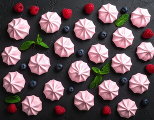 Black table, scattered many pink meringues, raspberries, blueberries, mint leaves, top view.