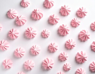 White table, scattered pink meringues, top view.