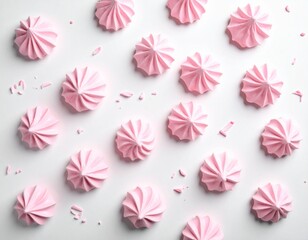 White table, scattered pink meringues, top view.