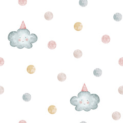 Seamless watercolor pattern with cute cloud and polka dots in pastel tones. Perfect for baby nursery design and background decoration. A gentle, adorable, and whimsical illustration.