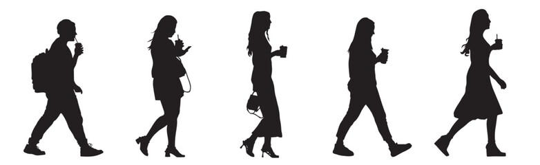 Silhouettes of man and women with drink and straw. Black items isolated on white background. Vector illustration.