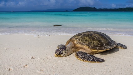 Dead green sea turtle on sandy beach, focus on endangered species risk