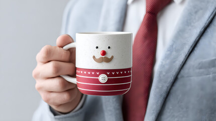 Creative Coffee Mug with Mustache Face Design Held by Businessman in Suit and Red Tie