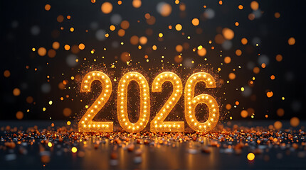 Illuminated golden numbers 2026 sparkle against a dark background, celebrating the new year.