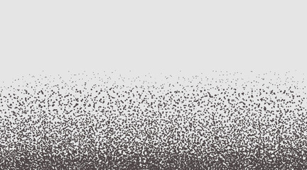 Vector illustration of black scattered dots corner frame with gradient density transition on white background for decorative border design. Trendy grain texture