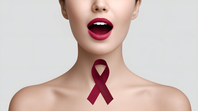 Woman with Burgundy Awareness Ribbon on Neck Symbolizing Oral and Head Cancer Awareness