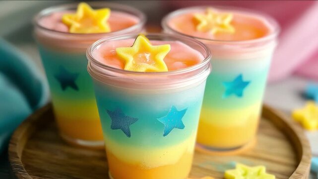 Three clear cups filled with colorful layered drinks featuring star-shaped toppings, placed on a wooden tray, displaying vibrant blue, yellow, and orange hues, ideal for summer celebrations and events