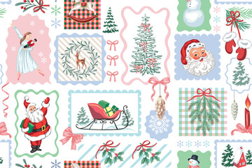 Santa Claus, ballerina, snowman, snowflake, fir branch, rocking horse, bow, Christmas tree, mistletoe, candle, sleigh, wreath, deer in the frame pattern.  Merry Christmas, New Year patchwork print.
