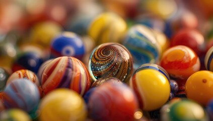 Close-up of vibrant glass spheres. Vintage round toys.