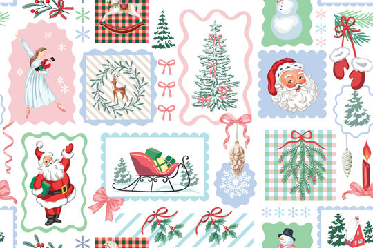 Santa Claus, ballerina, snowman, snowflake, fir branch, rocking horse, bow, Christmas tree, mistletoe, candle, sleigh, wreath, deer in the frame pattern.  Merry Christmas, New Year patchwork print.