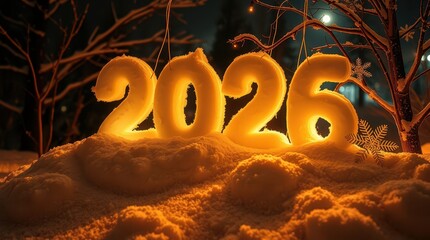 New Year 2026 in the snow winter night