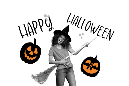 Composite artwork collage of happy halloween autumn holiday spooky season young lady witch hold broomstick play imagination guitar pumpkin