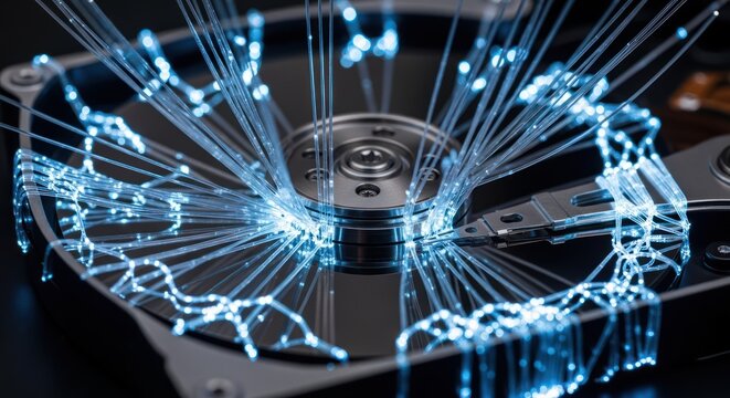 Close-up of a hard drive with glowing blue connections and data
