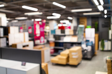 Abstract, blurred view of a retail store interior. Blurry background, wide angle view, bokeh...
