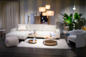 Fototapeta premium Abstract, blurred view of a furniture showroom. Wide angle view, bokeh background, no people