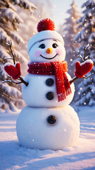 Fototapeta premium Smiling snowman in red scarf and mittens stands in a snowy forest. Joyful winter scene symbolizing childhood happiness, festive fun, and Christmas spirit.