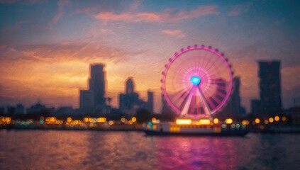 Evening view of a Ferris wheel illuminated at night, leisure attraction in an urban setting