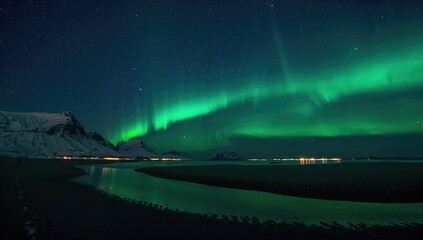 Naklejka premium Aurora borealis over a beach, winter night landscape with reflections, seasonal change