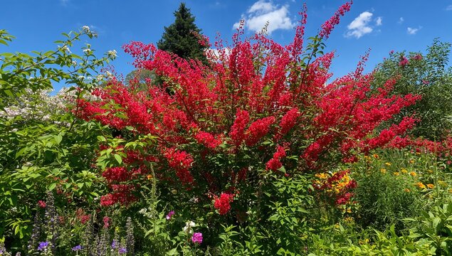 Close-up of vibrant red calliandra blossoms in a lush garden setting during spring