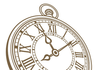 Illustration of a vintage pocket watch with roman numerals and decorative hands on a white background