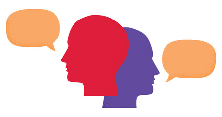 Vector illustration of human head silhouette with speech bubble representing dialogue communication and conversation concept