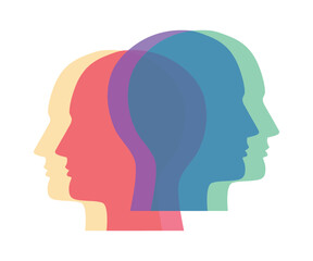 Vector illustration of colorful overlapping human head silhouettes in vibrant colors representing diversity teamwork and multiple perspectives concept