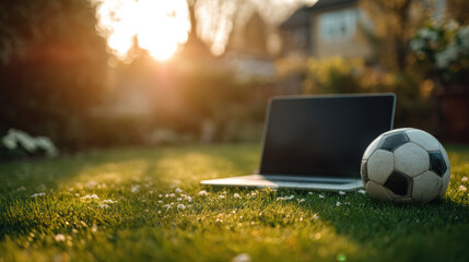 Tranquil outdoor coaching scene with laptop and football on grassy field at sunset. Modern technology meeting sport in warm sunlight