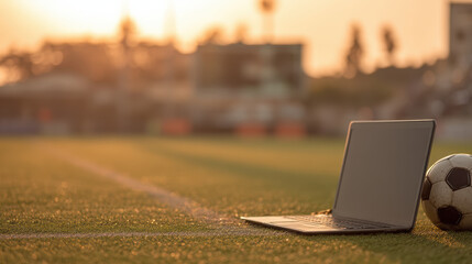 Serene laptop and football on grassy field at sunset for coaching session. Technology and sport concept with warm light and stadium