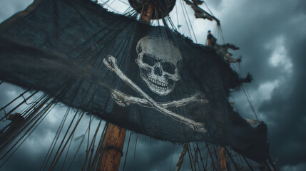 Menacing black pirate flag with skull and crossbones symbol flaps on ship mast. Dramatic dark sea storm with heavy cloud in sky