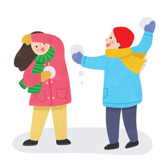 Illustration of Two Children Playing Snowballs