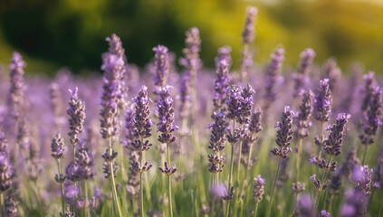 Obraz premium Close-up view of lavender blossoms in a field, promoting relaxation and stress relief