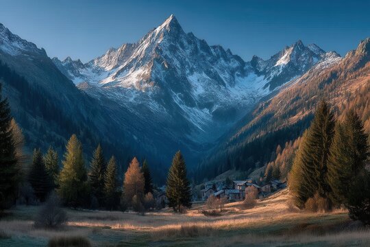 Dolomites autumn valley landscape with snow-capped peaks, village huts, and sunlit meadow scenery