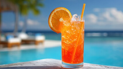 Bright orange drink with ice and orange slice is enjoyed by a serene poolside on a sunny day.
