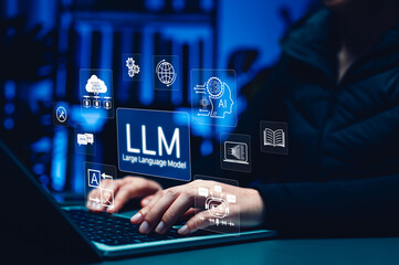 LLM Large Language Model Concept. Person using laptop with icons of AI, chatbot, cloud computing, translation, generative AI, NLP natural language processing, advanced machine learning, deep learning,