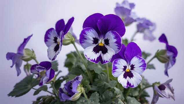 Violet, white, and multicolored pansy blossoms in full bloom