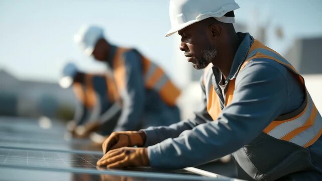 group of diverse workers assembling solar frames wearing helmets safety vests soft metal clatter renewable energy teamwork cinematic color correction, gentle backlight, clean negative space, high