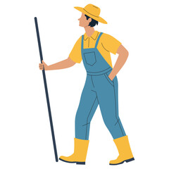 Illustration of a Male Farmer Holding a Stick in Work Clothes