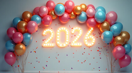 Festive arch of colorful balloons framing illuminated "2026" sign, celebrating a future year.