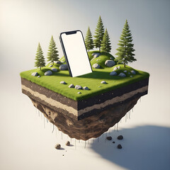 Mobile phone on a floating island, showing digital integration with nature