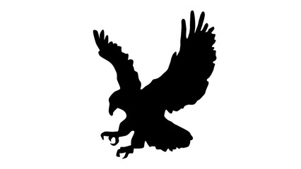 Obraz premium Flying Eagle Silhouette Powerful Bird in Attack Pose Isolated on White Background A bold black silhouette of a majestic eagle in flight, wings fully spread and claws extended, symbolizing power, freed