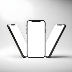 Three modern smartphones with blank screens, ideal for digital product mockups.