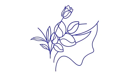 Foto auf Acrylglas Eine Linie One line art of woman face with flower and leaves — minimal continuous line drawing for beauty, fashion, and botanical design.  © Siduu
