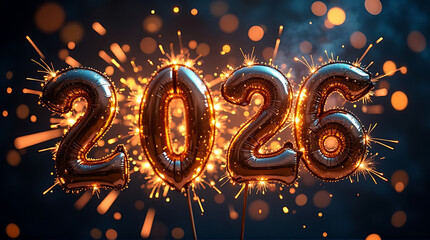 Shiny, metallic balloons forming the year 2026, surrounded by celebratory fireworks and bokeh.
