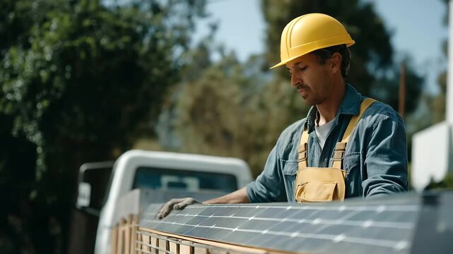male construction worker unloading solar panels from truck at site muted clatter green industry development teamwork cinematic color correction, gentle backlight, clean negative space, high quality