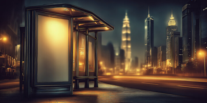 Nighttime cityscape with tall, lit-up skyscrapers and a road with light trails from traffic. A blank vertical billboard stands on the sidewalk. created by ai