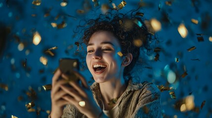 Excited young woman using smartphone under falling gold confetti against blue backdrop, concept for celebration announcement, online communication and success marketing