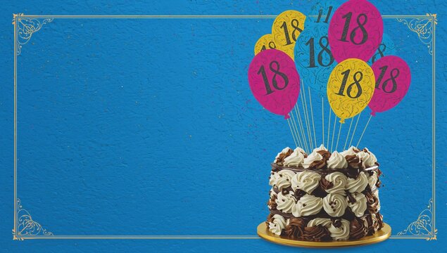 Invitation card featuring a birthday cake and number 18 balloons on a blue backdrop