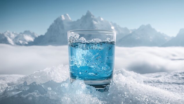 Purity of blue liquid in clear glass against snowy mountain scene above the clouds, seasonal change