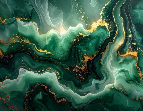 Abstract fluid art with emerald green and gold swirls, resembling mineral formations