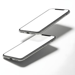 Two floating modern smartphones with blank screens, clean mockup display